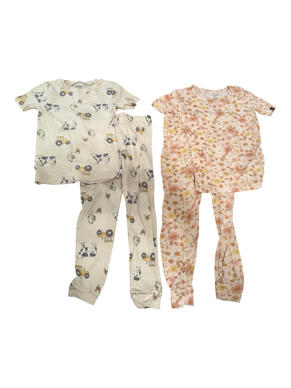 Kids Short Sleeve Pajamas Set Floral Pink & Cream Farm Print